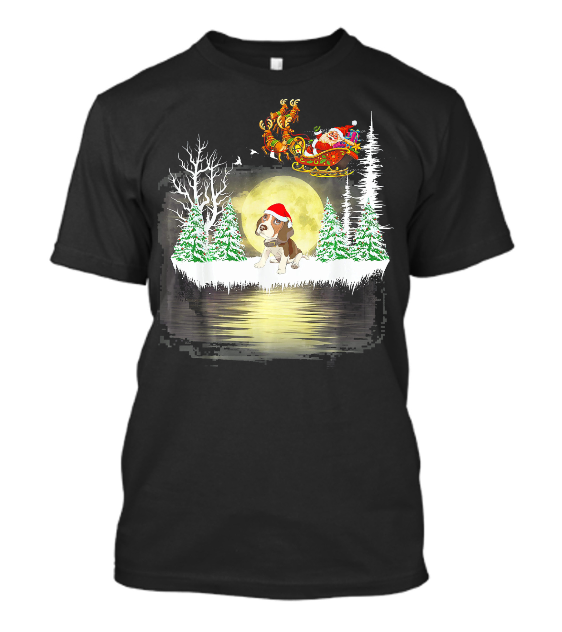 Beagle Santa Christmas Moonlit Forest Scene With Sleigh T-Shirt
