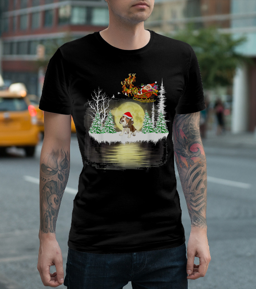 Beagle Santa Christmas Moonlit Forest Scene With Sleigh T-Shirt
