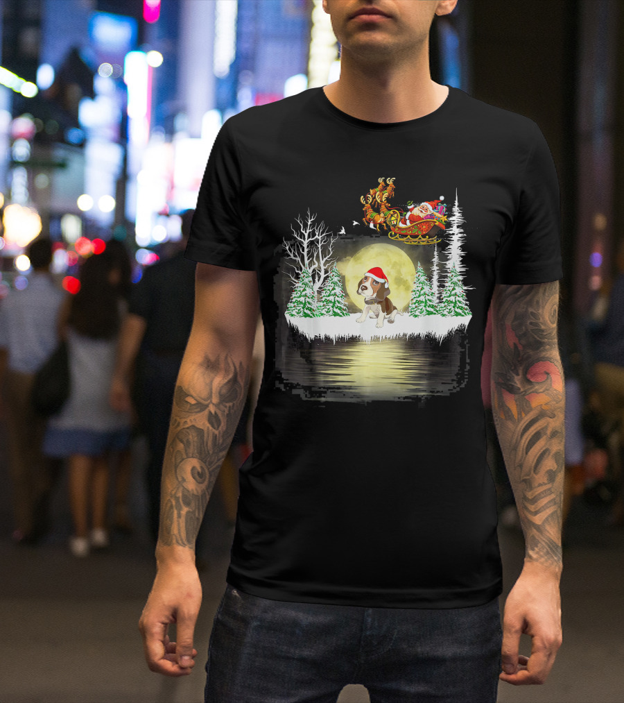Beagle Santa Christmas Moonlit Forest Scene With Sleigh T-Shirt