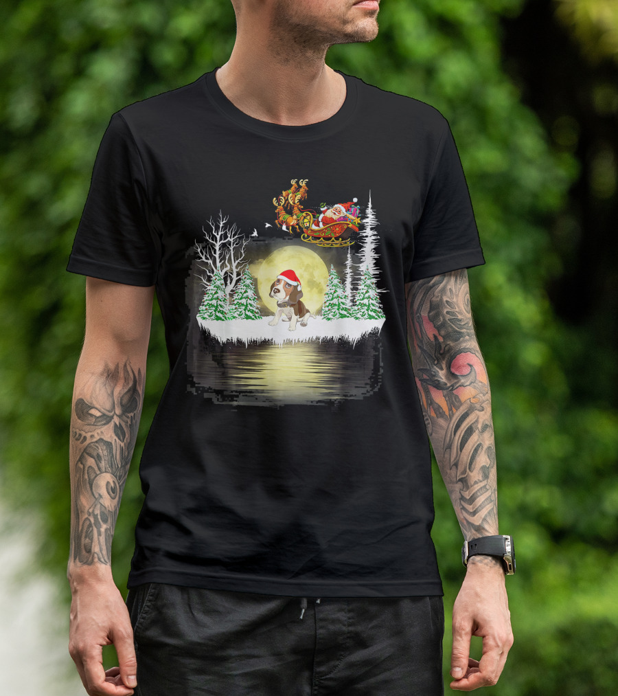 Beagle Santa Christmas Moonlit Forest Scene With Sleigh T-Shirt