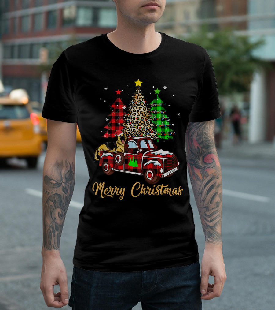 Merry Christmas German Shepherd Red Plaid Truck with Christmas Trees T-Shirt