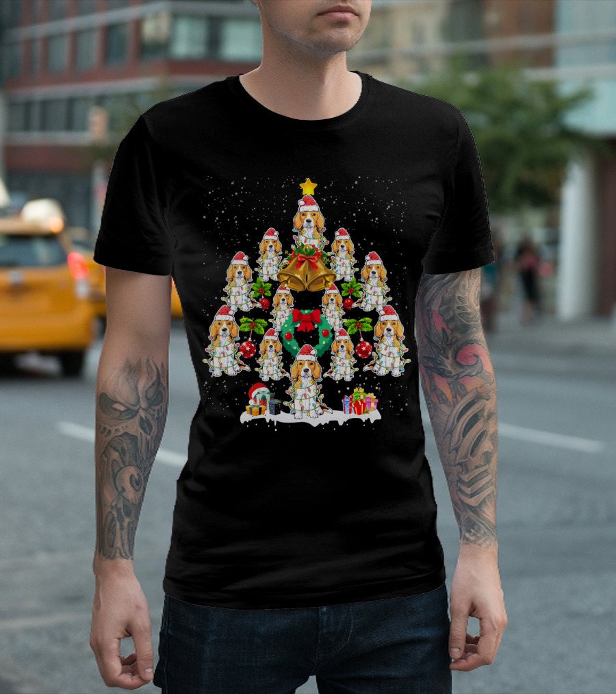 Beagle Christmas Tree with Santa Hats and Holiday Decorations T-Shirt