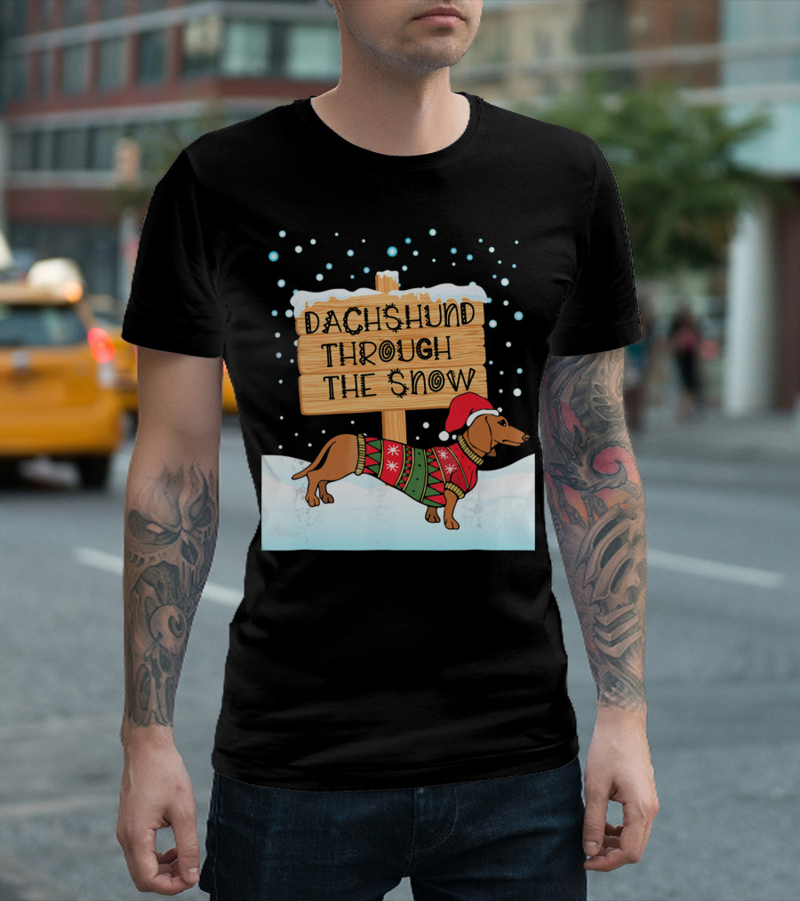 Dachshund Through the Snow Christmas Dog in Festive Sweater and Santa Hat T-Shirt