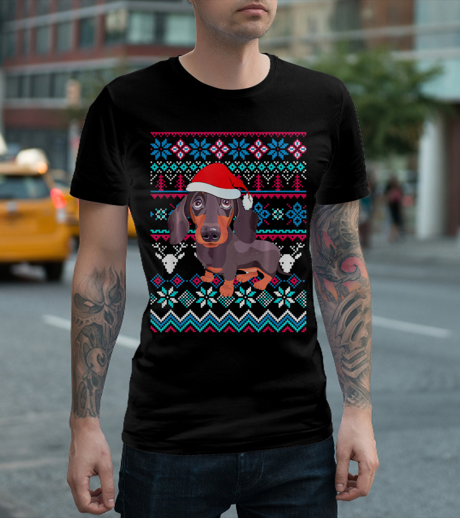 Funny Dachshund Ugly Christmas Sweater with Santa Hat and Festive T-Shirt