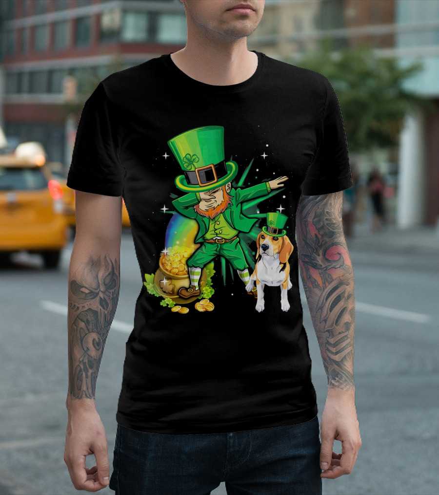 Dabechaun Beagle Leprechaun Green Pot of Gold Rainbow T-Shirt