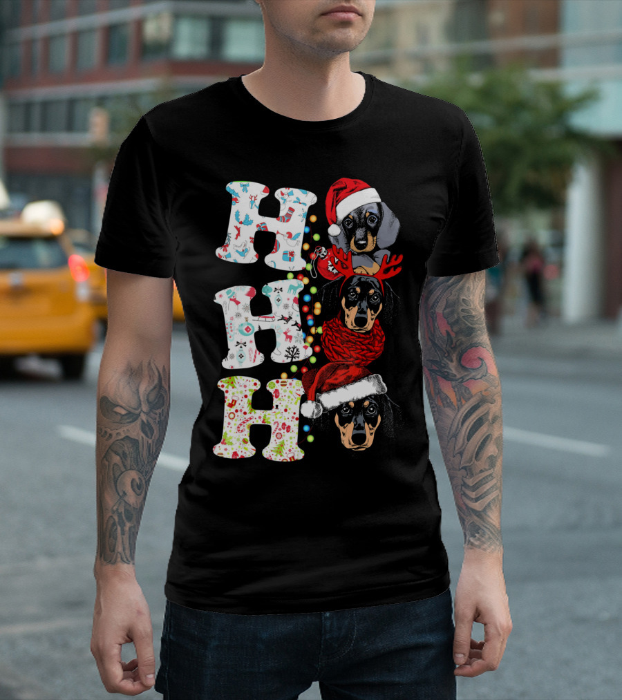 Funny Dachshund Christmas Ho Ho Ho Puppy with Santa Hat and Reindeer Antlers T-Shirt