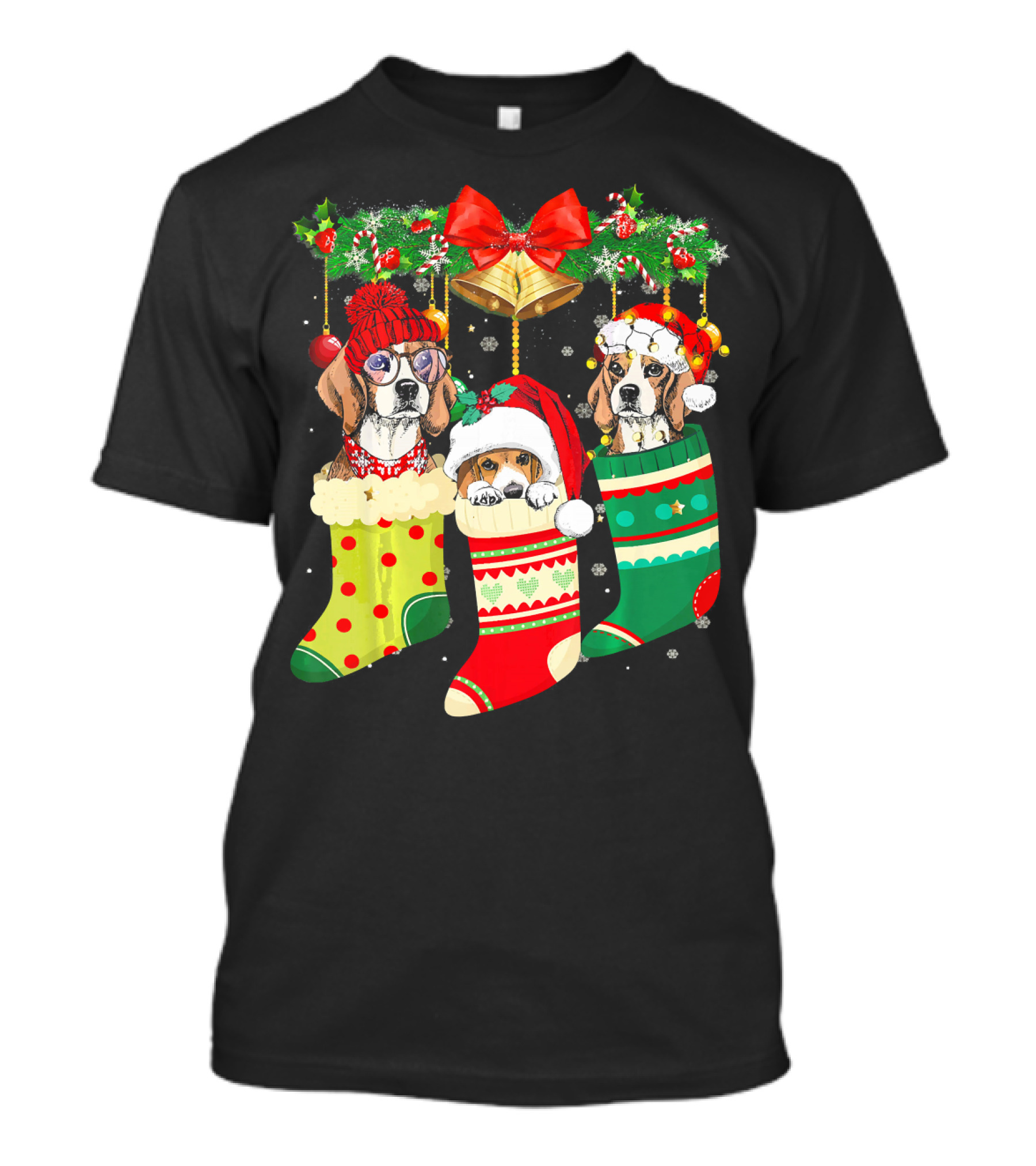 Funny Beagle Christmas Stockings With Festive Dog And Holiday Decorations T-Shirt