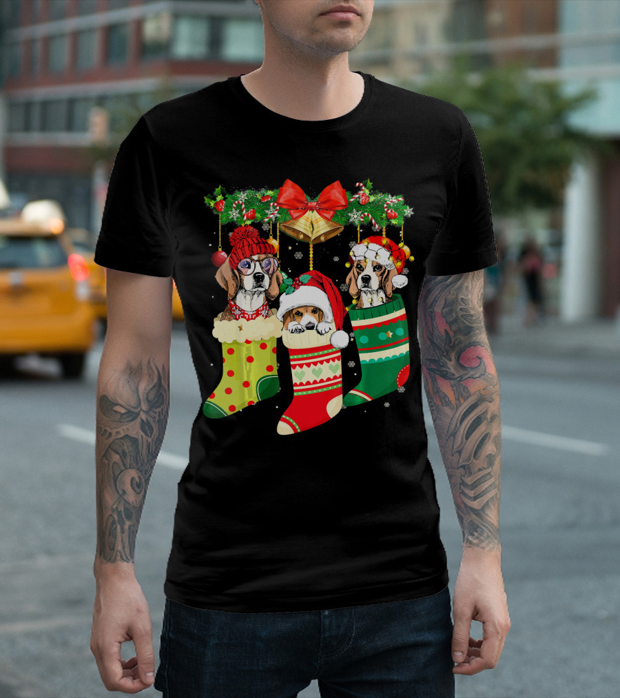 Funny Beagle Christmas Stockings with Festive Dog and Holiday Decorations T-Shirt