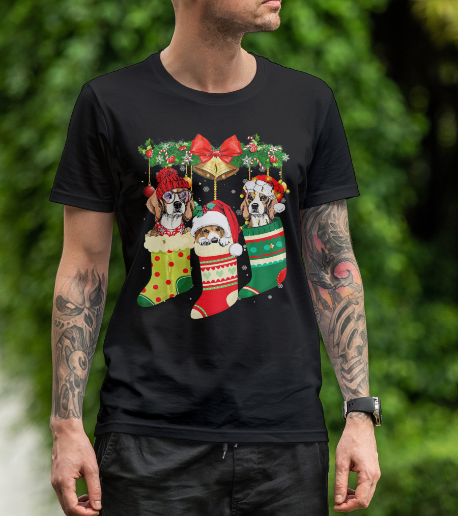 Funny Beagle Christmas Stockings With Festive Dog And Holiday Decorations T-Shirt