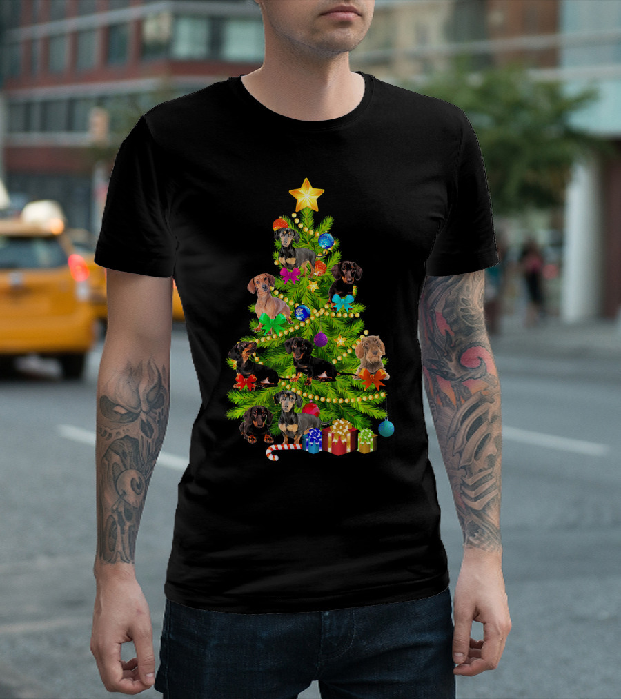 Dachshund Christmas Tree Puppies with Gifts and Ornaments T-Shirt