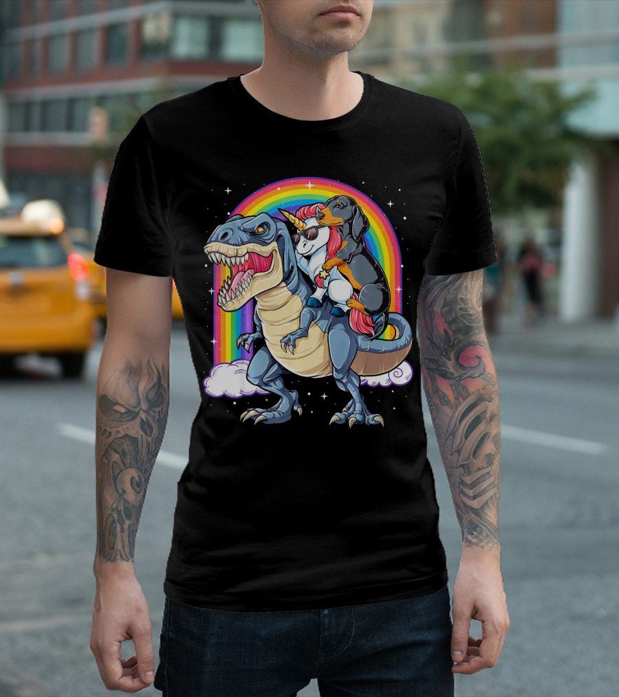 Dachshund Riding Unicorn Dinosaur Under Rainbow T-Shirt