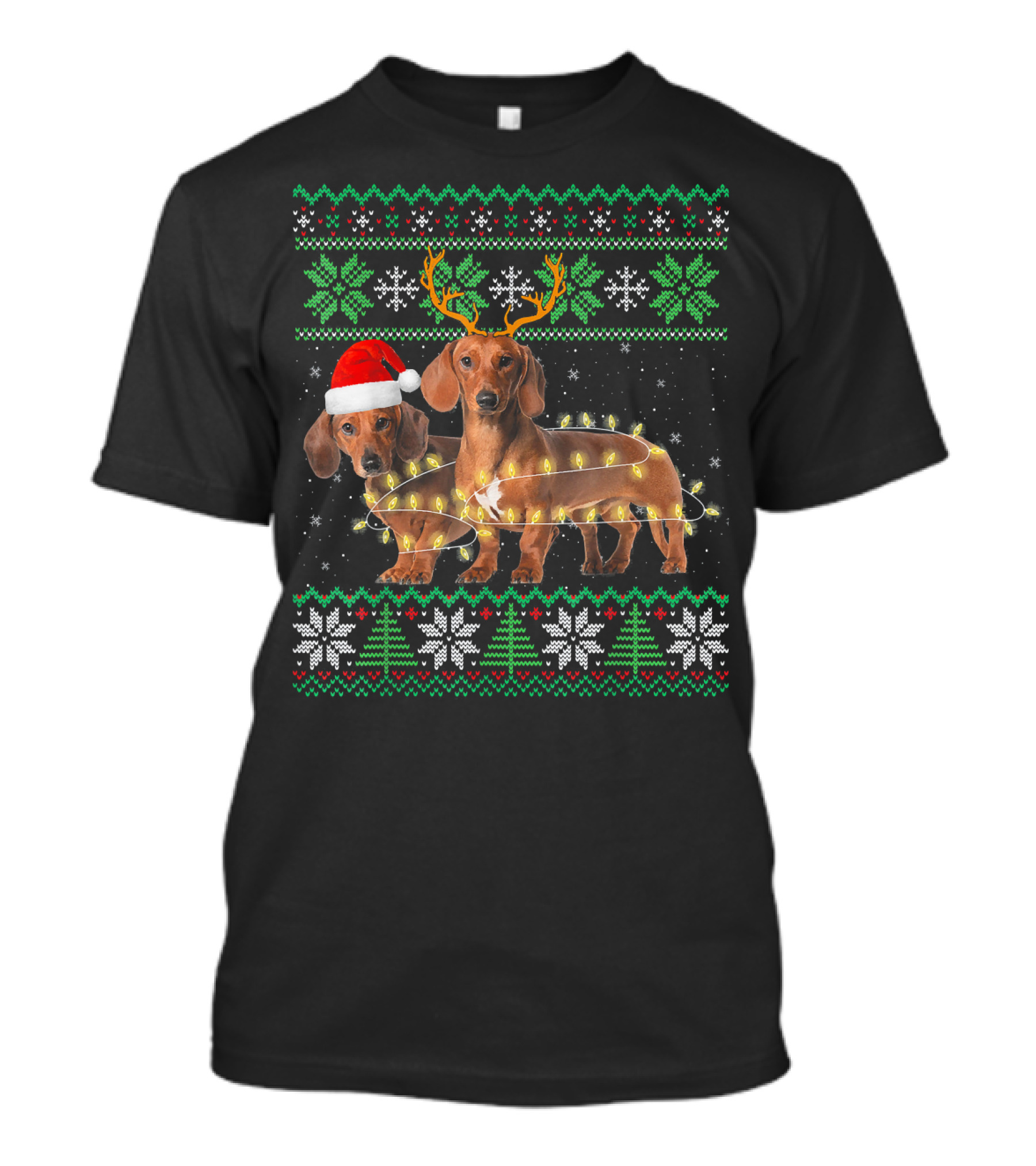 Dachshund Dog Ugly Christmas Puppy Lights Antlers Santa Hat Snowflakes T-Shirt