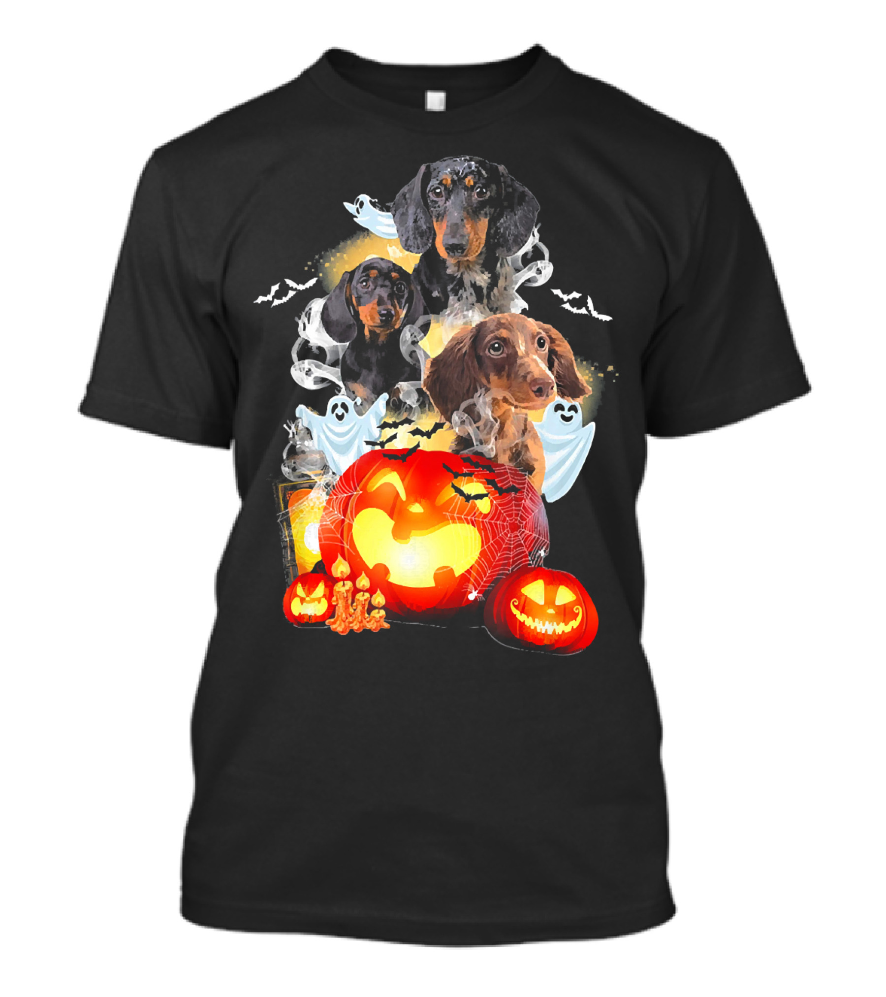 Dachshund Pumpkin Boo Dog With Jack-O'-Lanterns And Ghosts T-Shirt