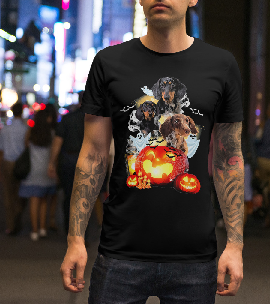 Dachshund Pumpkin Boo Dog With Jack-O'-Lanterns And Ghosts T-Shirt