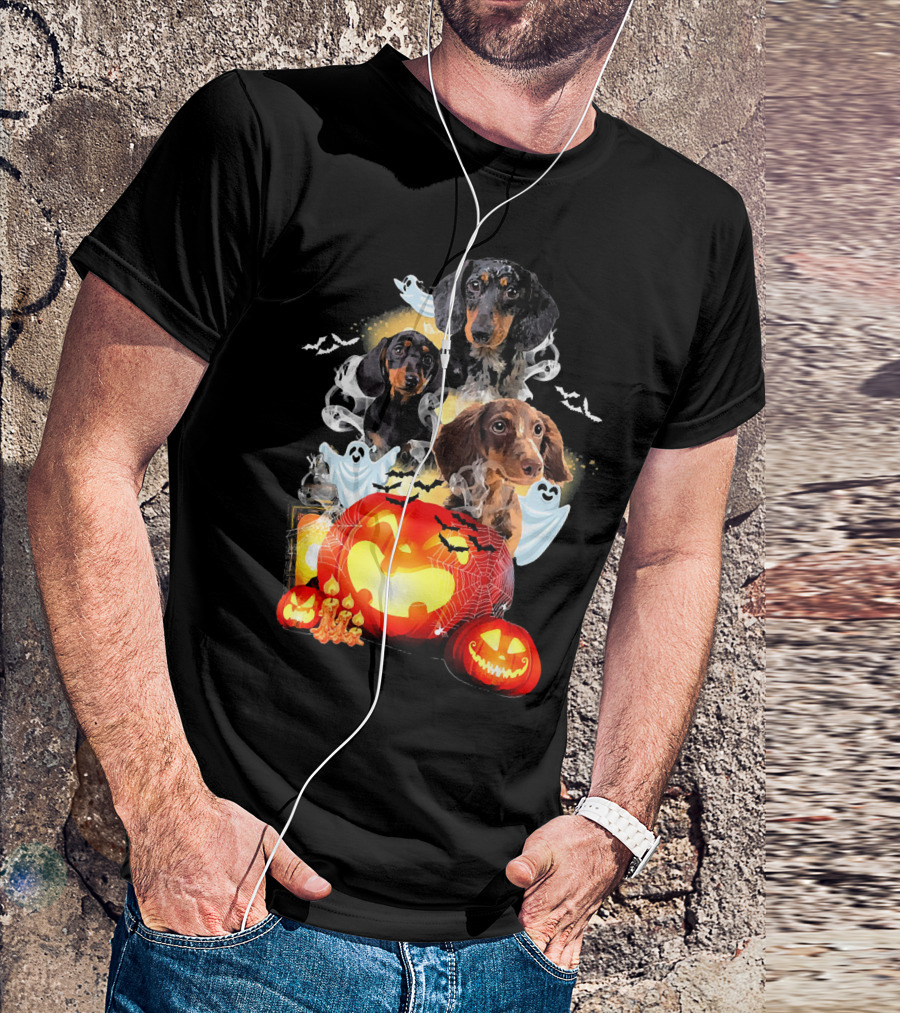 Dachshund Pumpkin Boo Dog With Jack-O'-Lanterns And Ghosts T-Shirt