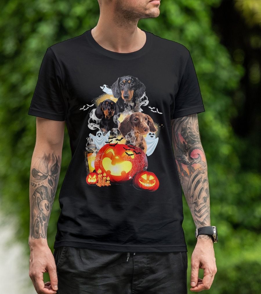 Dachshund Pumpkin Boo Dog With Jack-O'-Lanterns And Ghosts T-Shirt