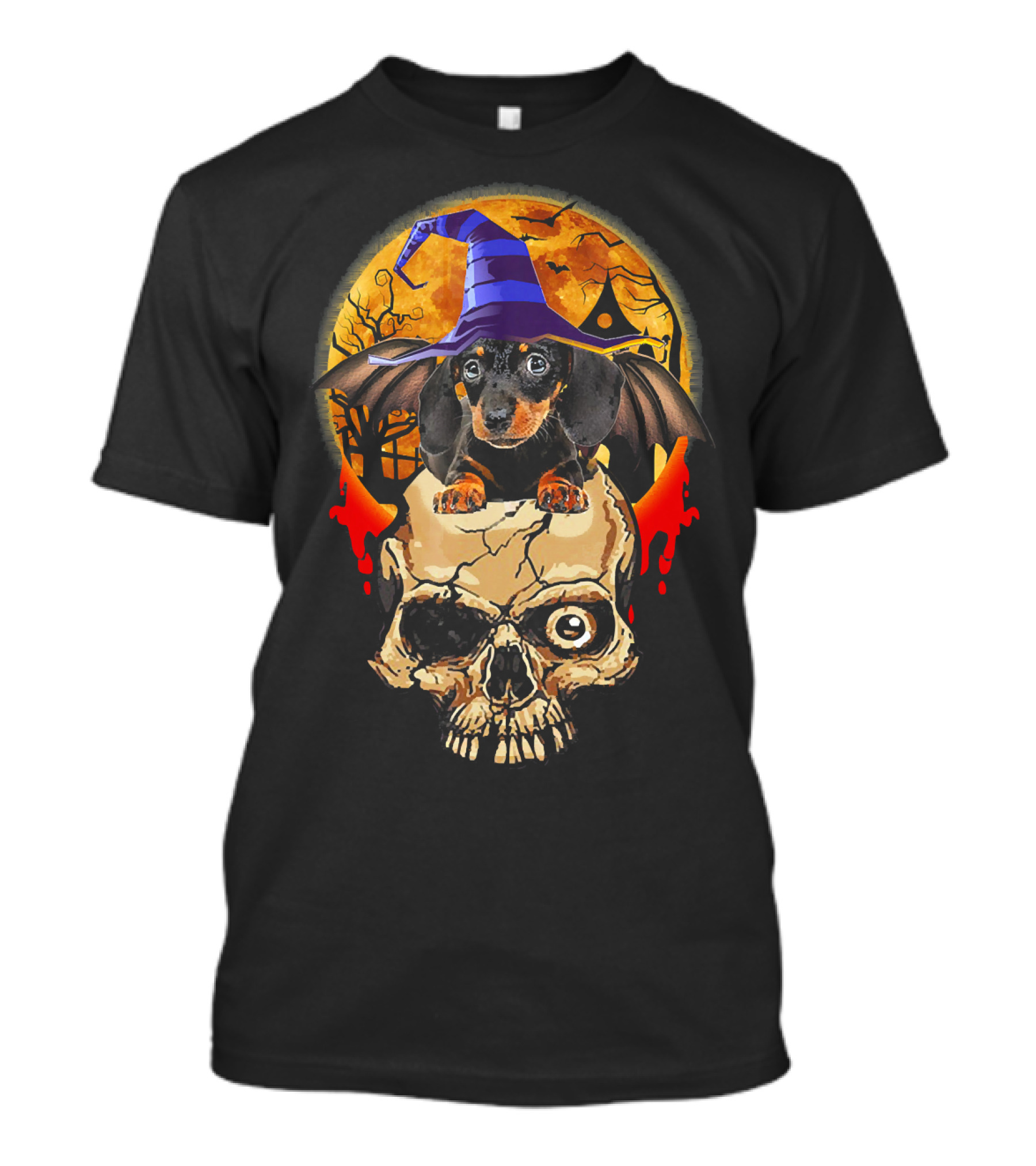 Dachshund Skull Halloween Moon Bat Wings Wizard Hat T-Shirt