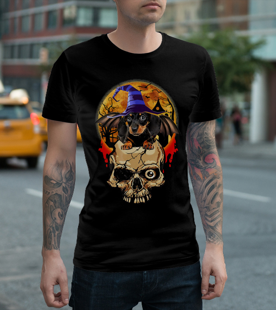 Dachshund Skull Halloween Moon Bat Wings Wizard Hat T-Shirt