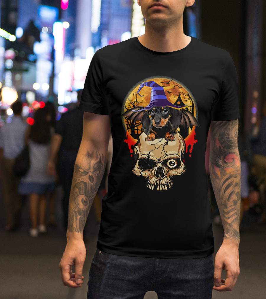 Dachshund Skull Halloween Moon Bat Wings Wizard Hat T-Shirt