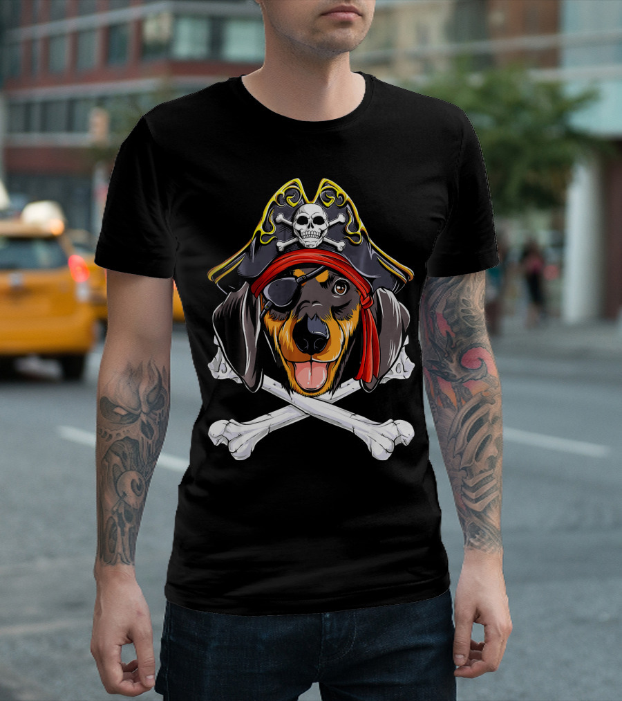 Dachshund Pirate Jolly Roger Skull and Crossbones T-Shirt