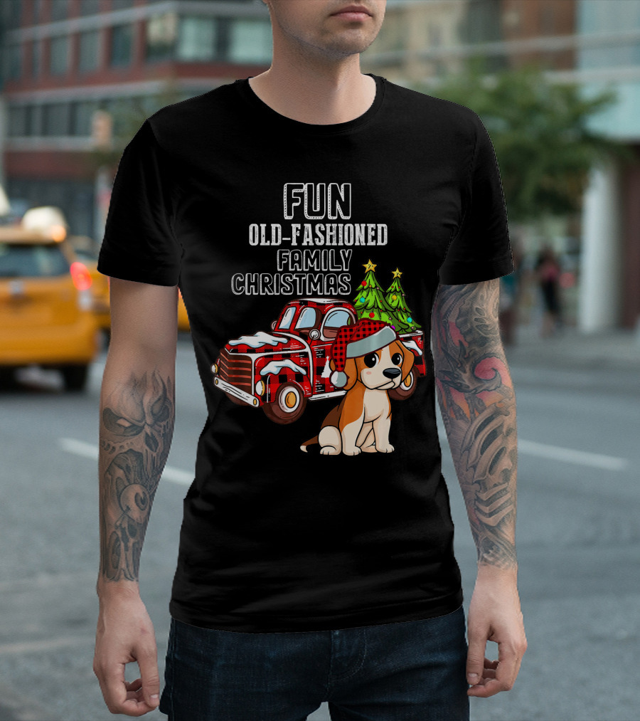 Fun Old-Fashioned Family Christmas Truck with Dog and Trees T-Shirt