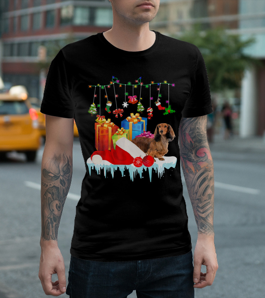 Dachshund with Christmas Santa Hat and Colorful Gift Boxes T-Shirt