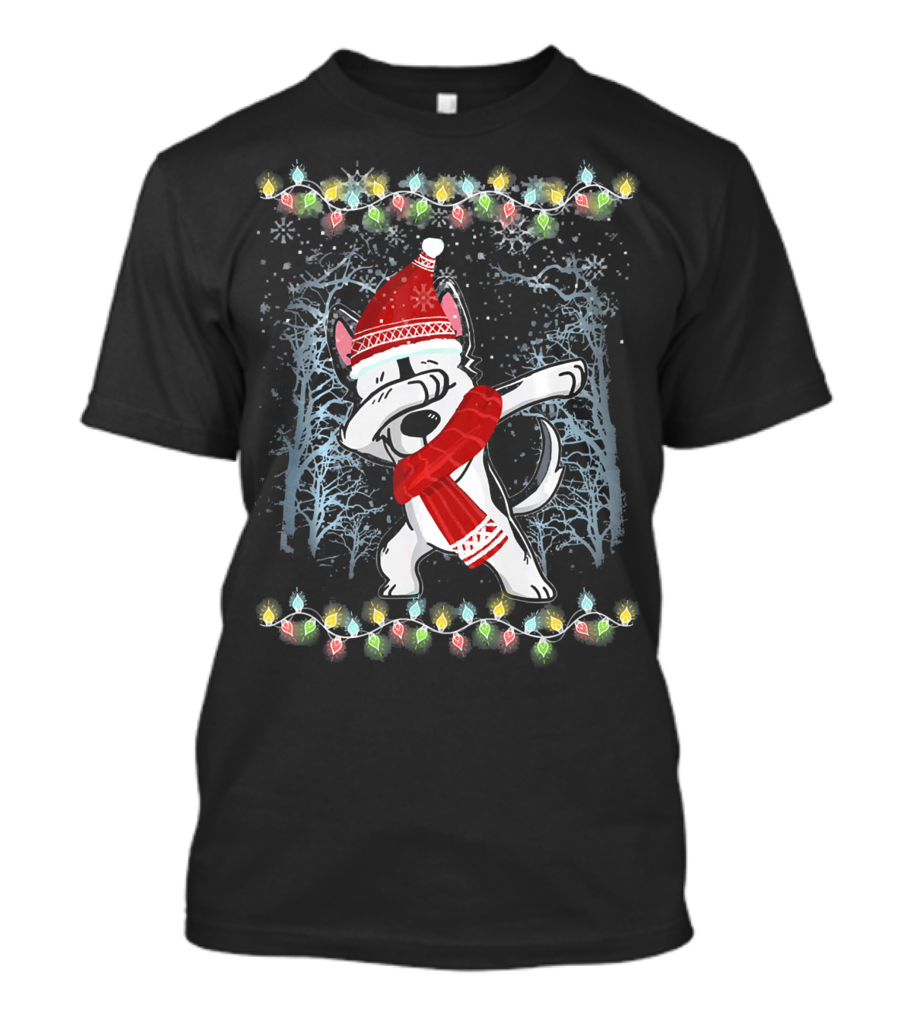 Dabbing Siberian Husky In Santa Hat With Christmas Lights And Snowflakes T-Shirt