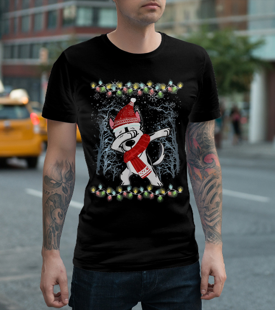 Dabbing Siberian Husky In Santa Hat With Christmas Lights And Snowflakes T-Shirt