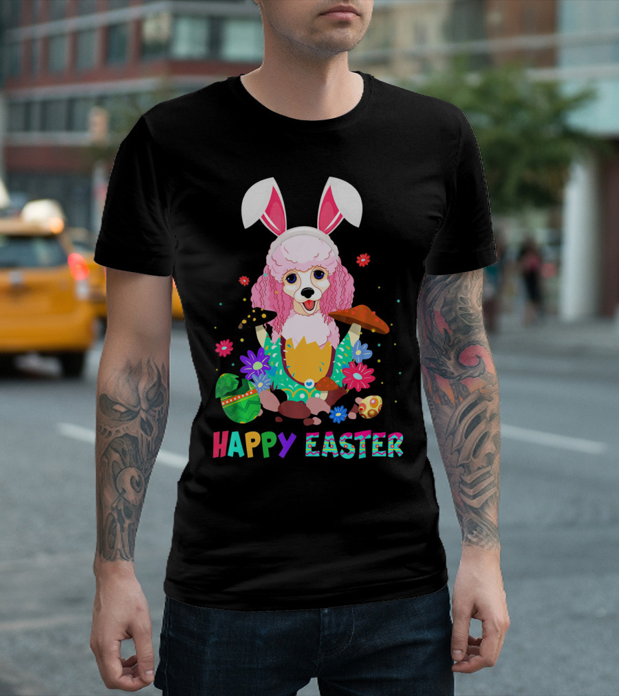 Happy Easter Bunny Poodle Dog with Eggs and Flowers T-Shirt