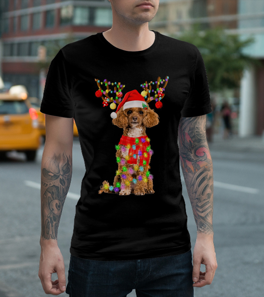 Christmas Poodle With Santa Hat and Reindeer Antlers Wrapped in Colorful Lights T-Shirt