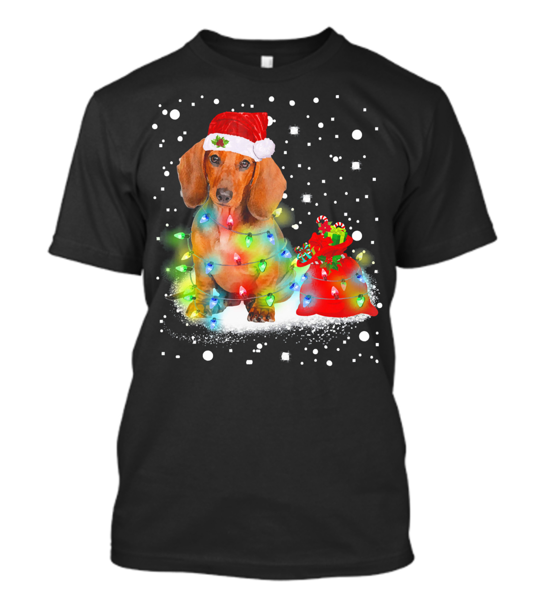 Santa Dachshund With Christmas Lights And Snowflakes T-Shirt