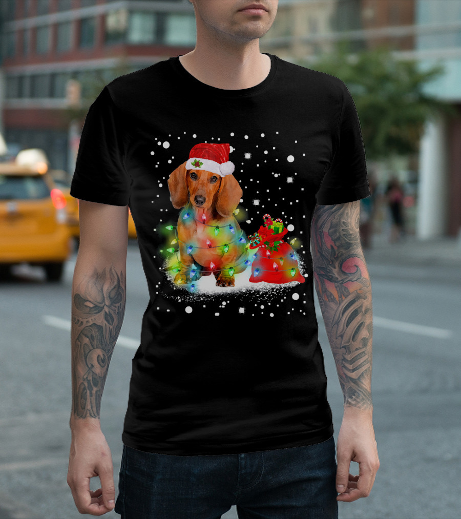 Santa Dachshund With Christmas Lights And Snowflakes T-Shirt