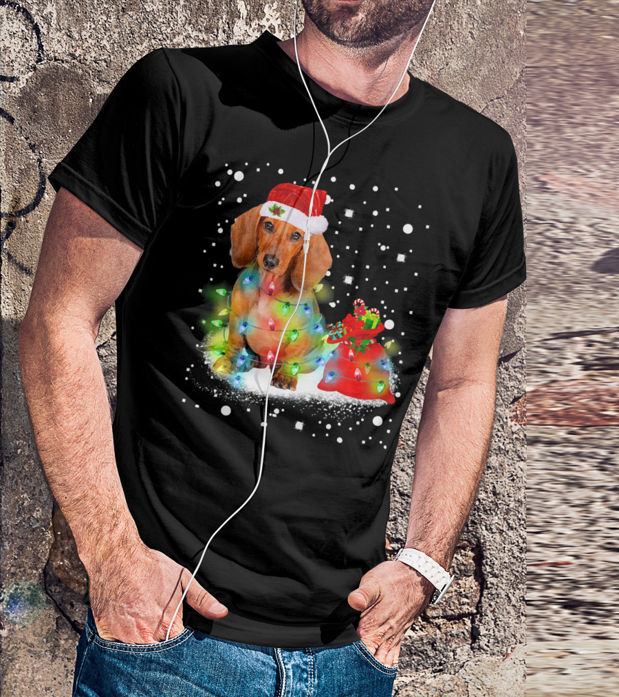Santa Dachshund With Christmas Lights And Snowflakes T-Shirt