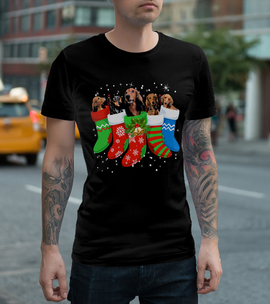Dachshund Christmas Stockings Puppies Holiday Cheer T-Shirt