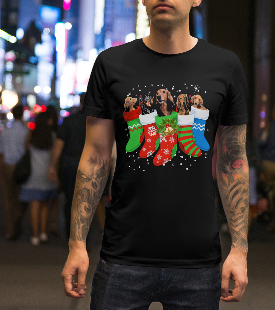 Dachshund Christmas Stockings Puppies Holiday Cheer T-Shirt