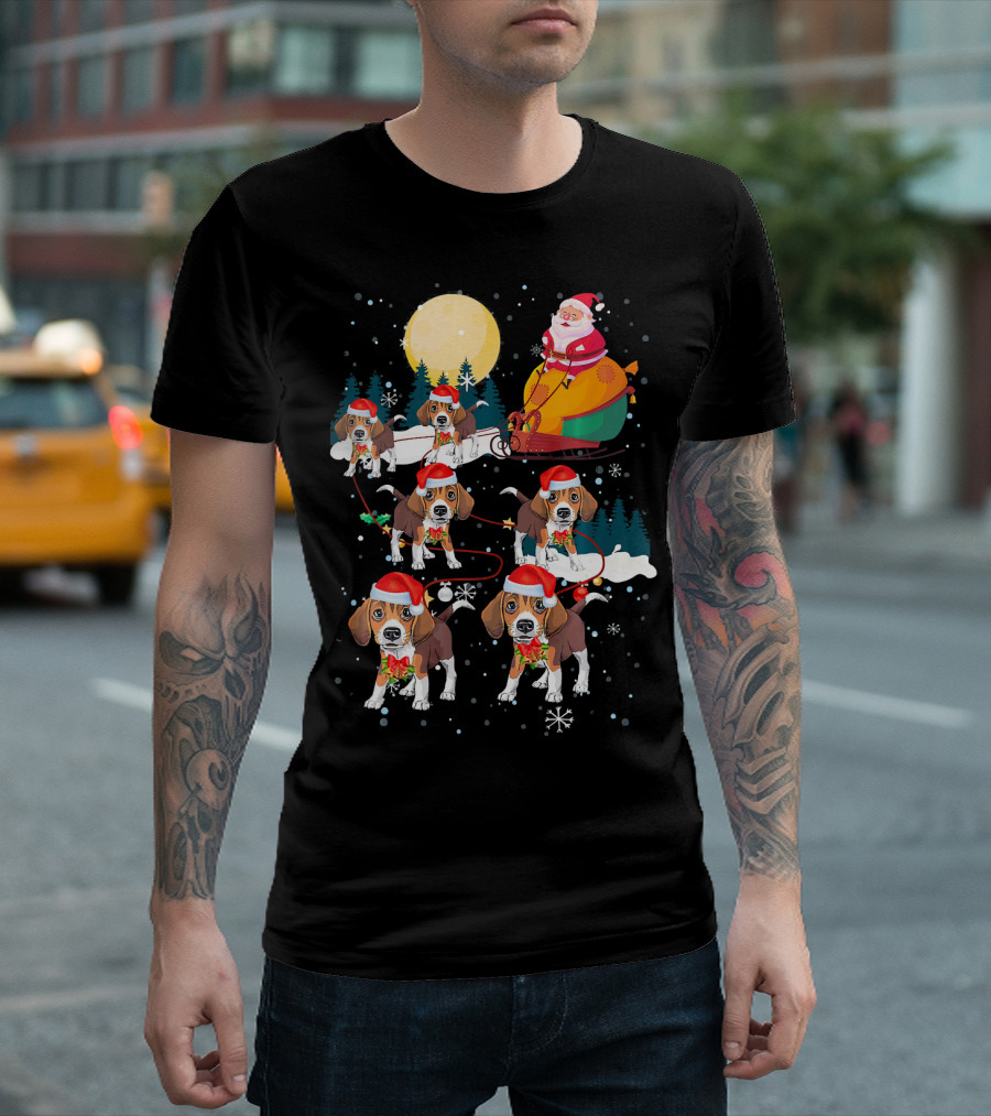 Santa Sleigh Beagle Reindeer Christmas Moon T-Shirt