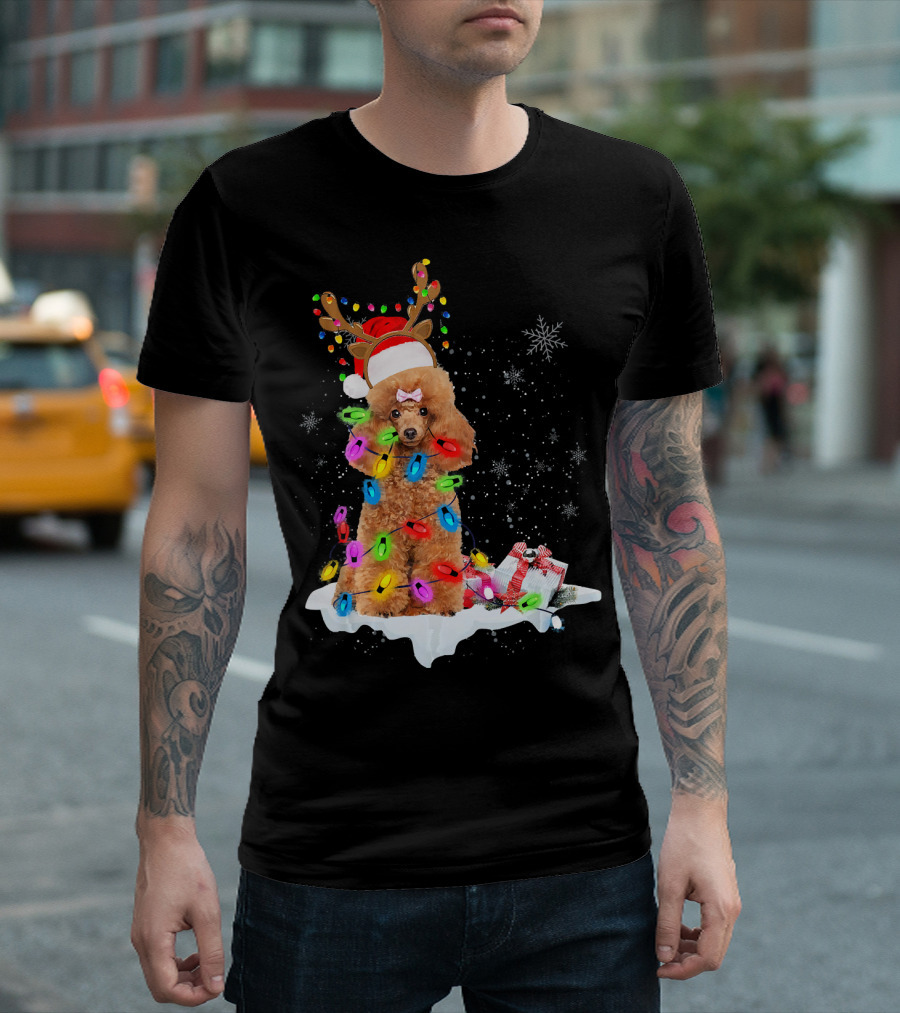 Funny Poodle Dog Christmas Reindeer Lights Snowflakes Gift T-Shirt