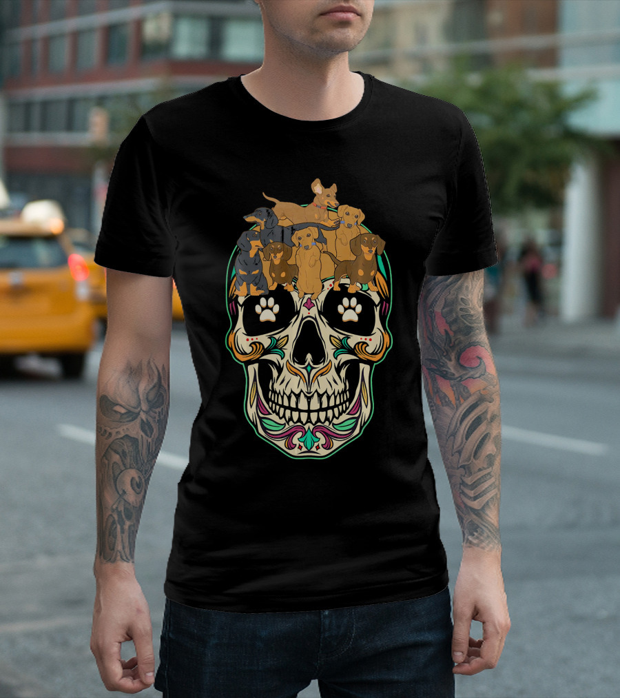 Day of the Dead Sugar Skull with Dachshund Puppies T-Shirt