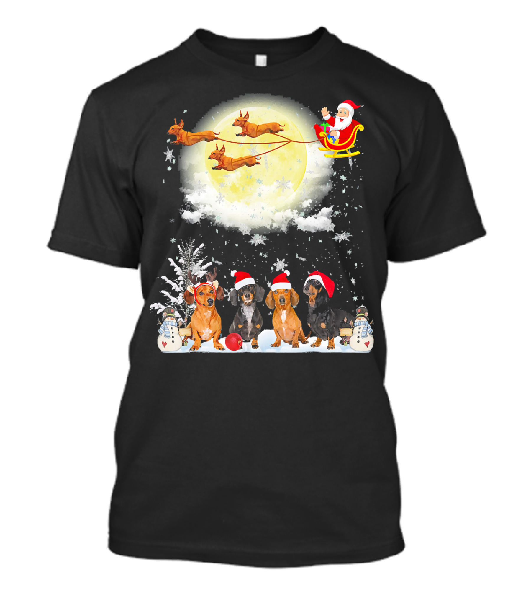 Santa Sleigh Dachshund Christmas Moon Snowman Fun Nice Dog T-Shirt
