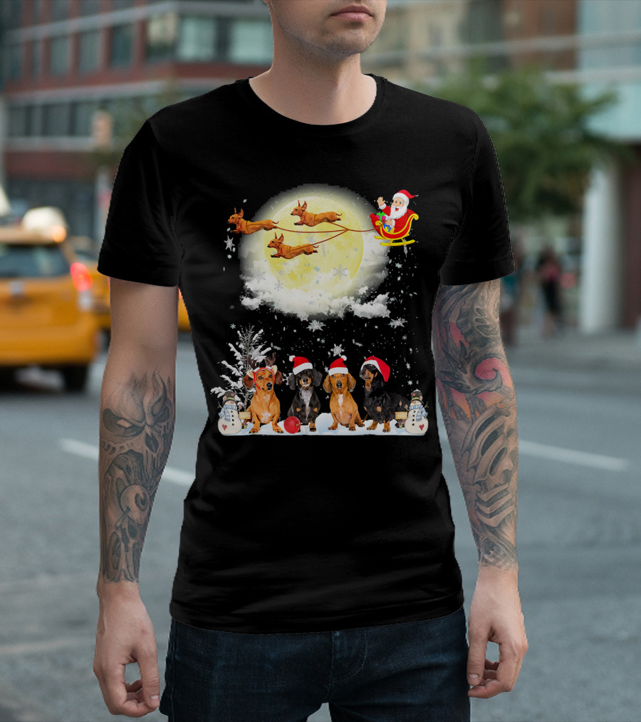 Santa Sleigh Dachshund Christmas Moon Snowman Fun Nice Dog T-Shirt