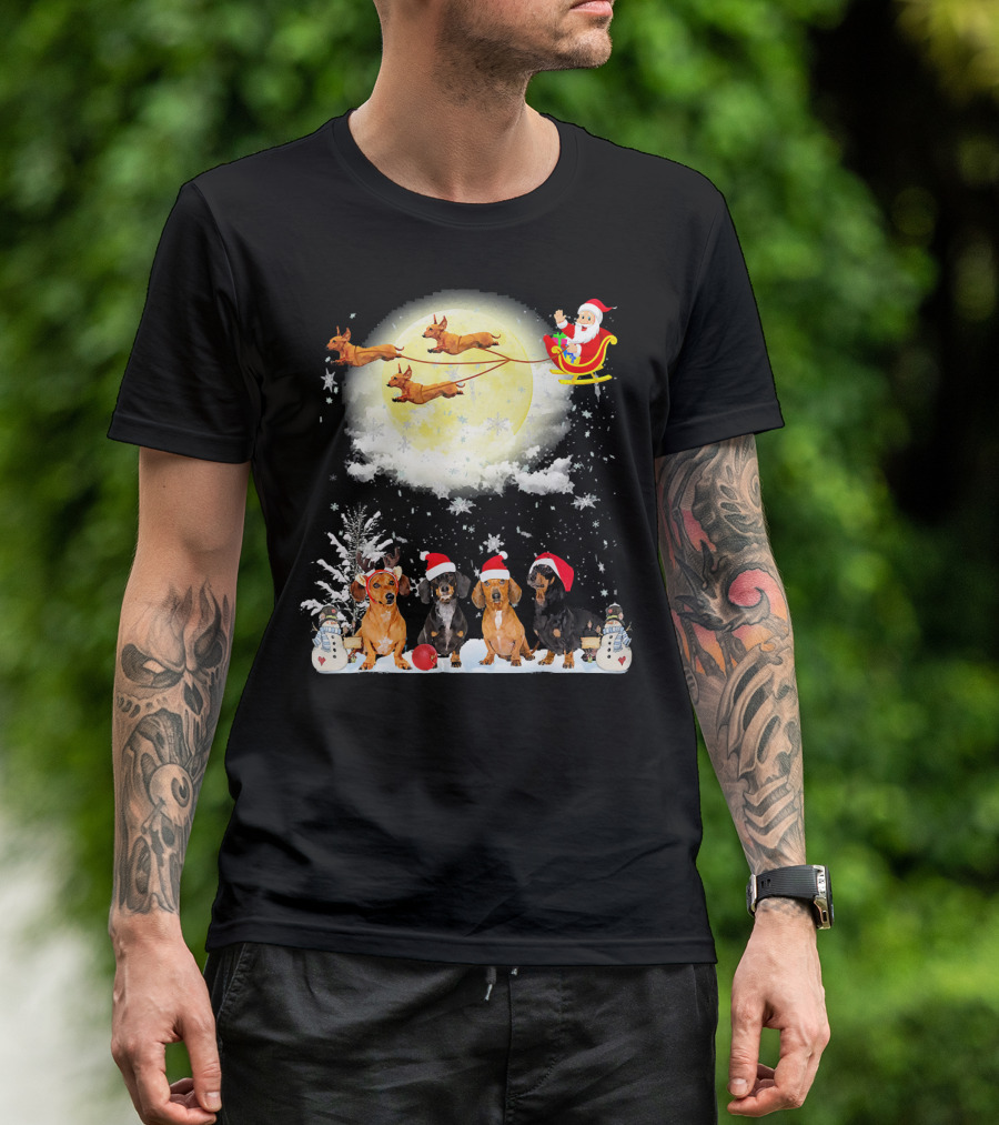Santa Sleigh Dachshund Christmas Moon Snowman Fun Nice Dog T-Shirt