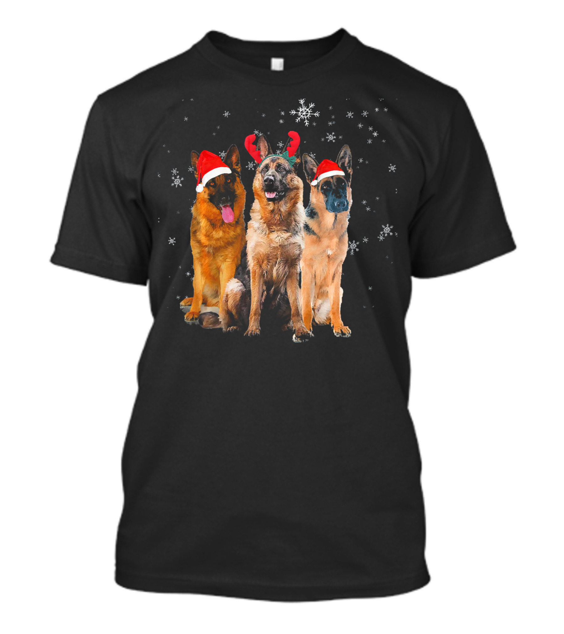 Funny German Shepherd Puppies With Santa Hats And Reindeer Antlers In Snowflakes T-Shirt