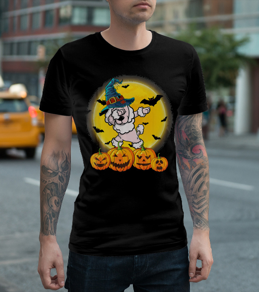 Halloween Witch Hat Poodle Dabbing with Pumpkins and Bats Moon Background T-Shirt