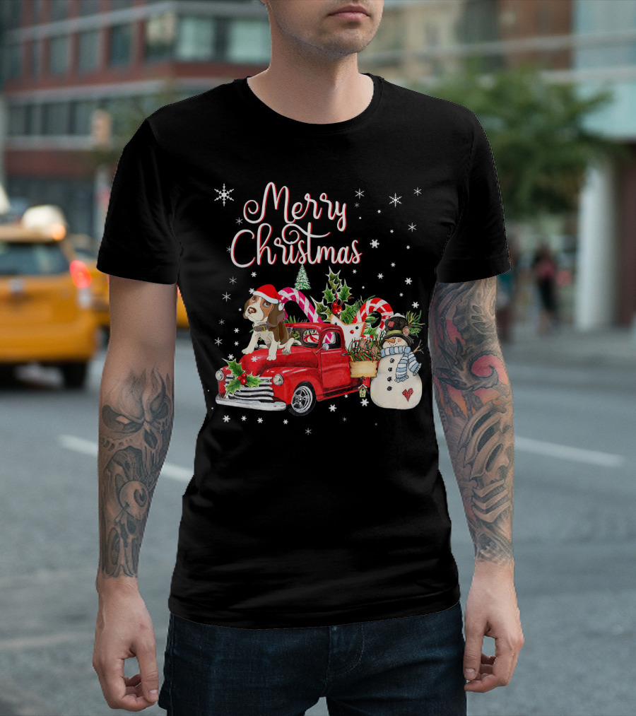 Merry Christmas Beagle Dog in Santa Hat Riding Red Truck with Candy Canes and Snowman T-Shirt