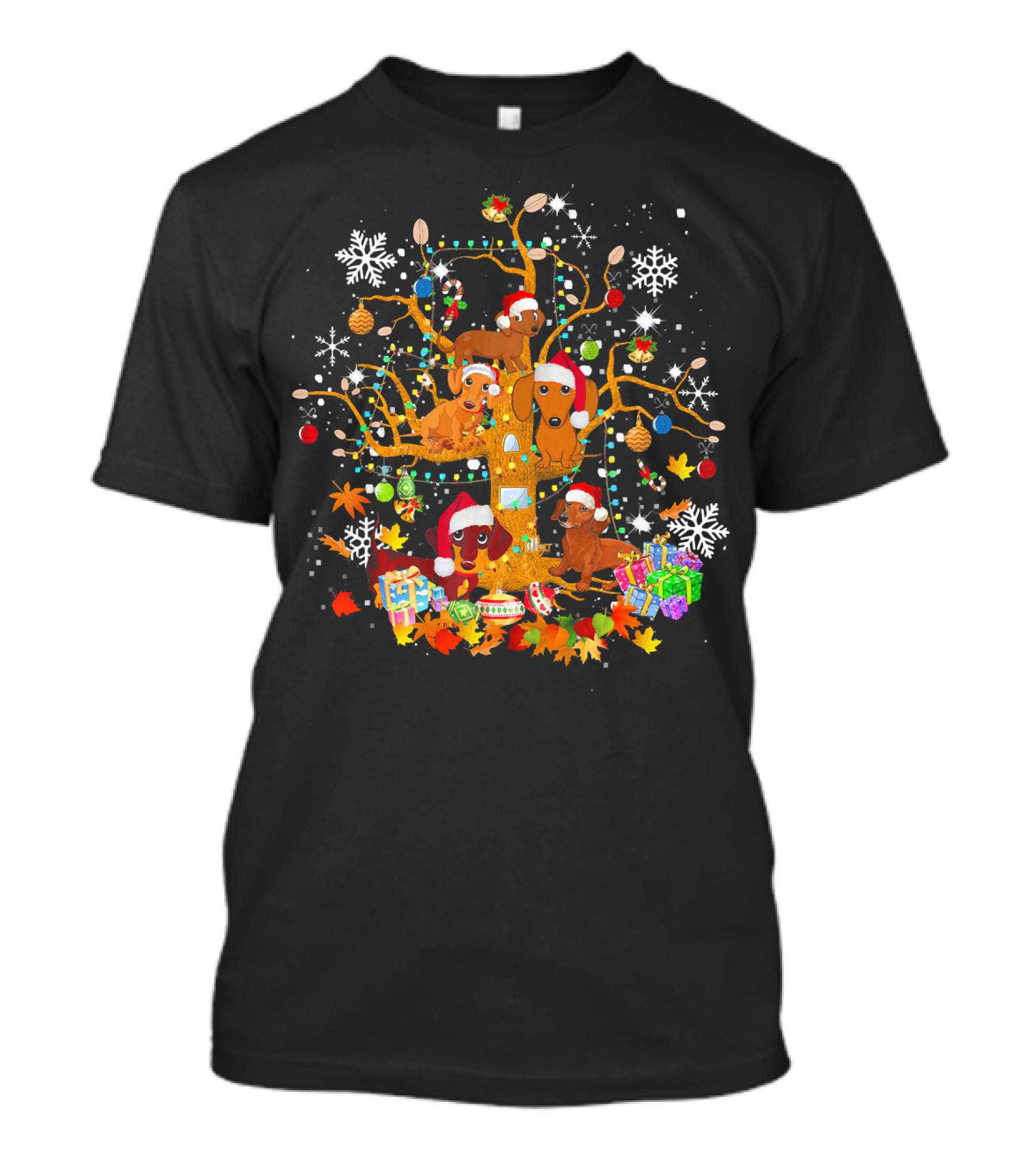 Funny Dachshund Puppies With Santa Hats On Christmas Tree With Gifts And Snowflakes T-Shirt