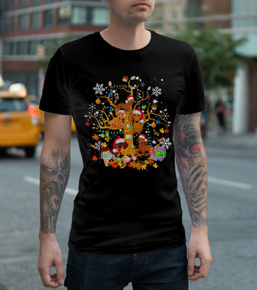 Funny Dachshund Puppies With Santa Hats On Christmas Tree With Gifts And Snowflakes T-Shirt