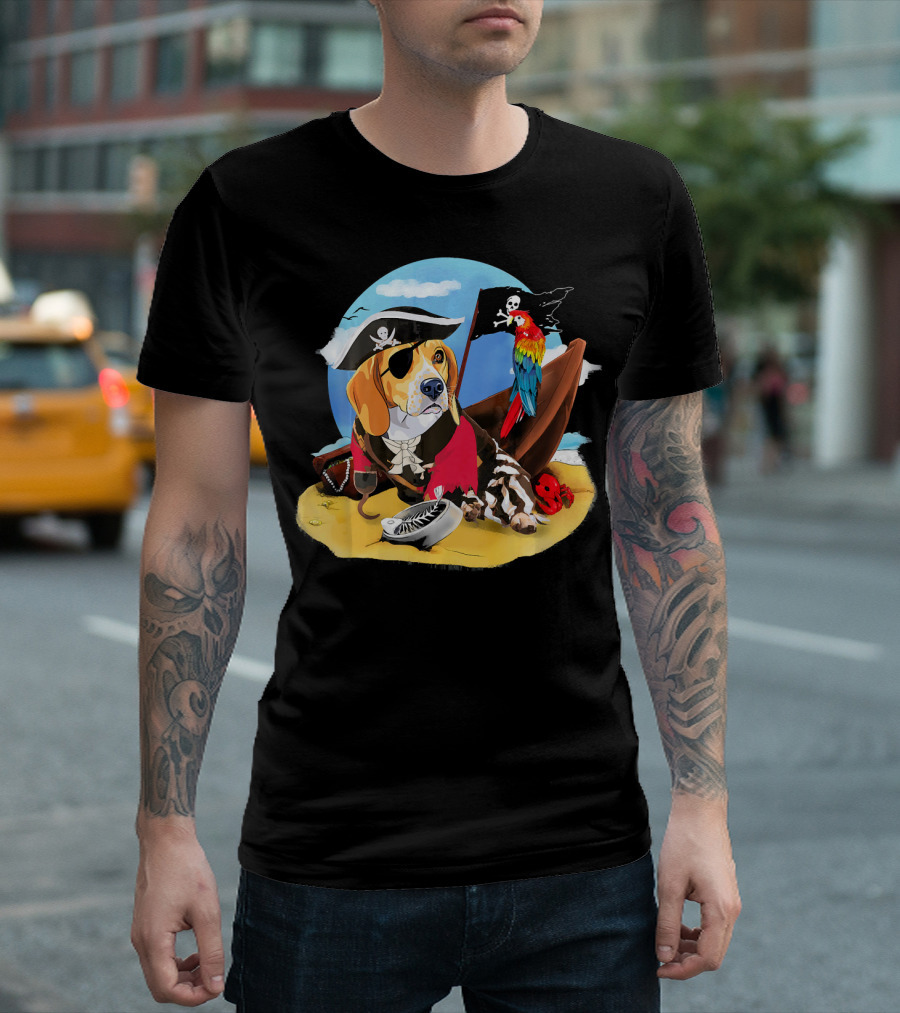 Pirate Beagle with Parrot and Skull Flag on Beach T-Shirt