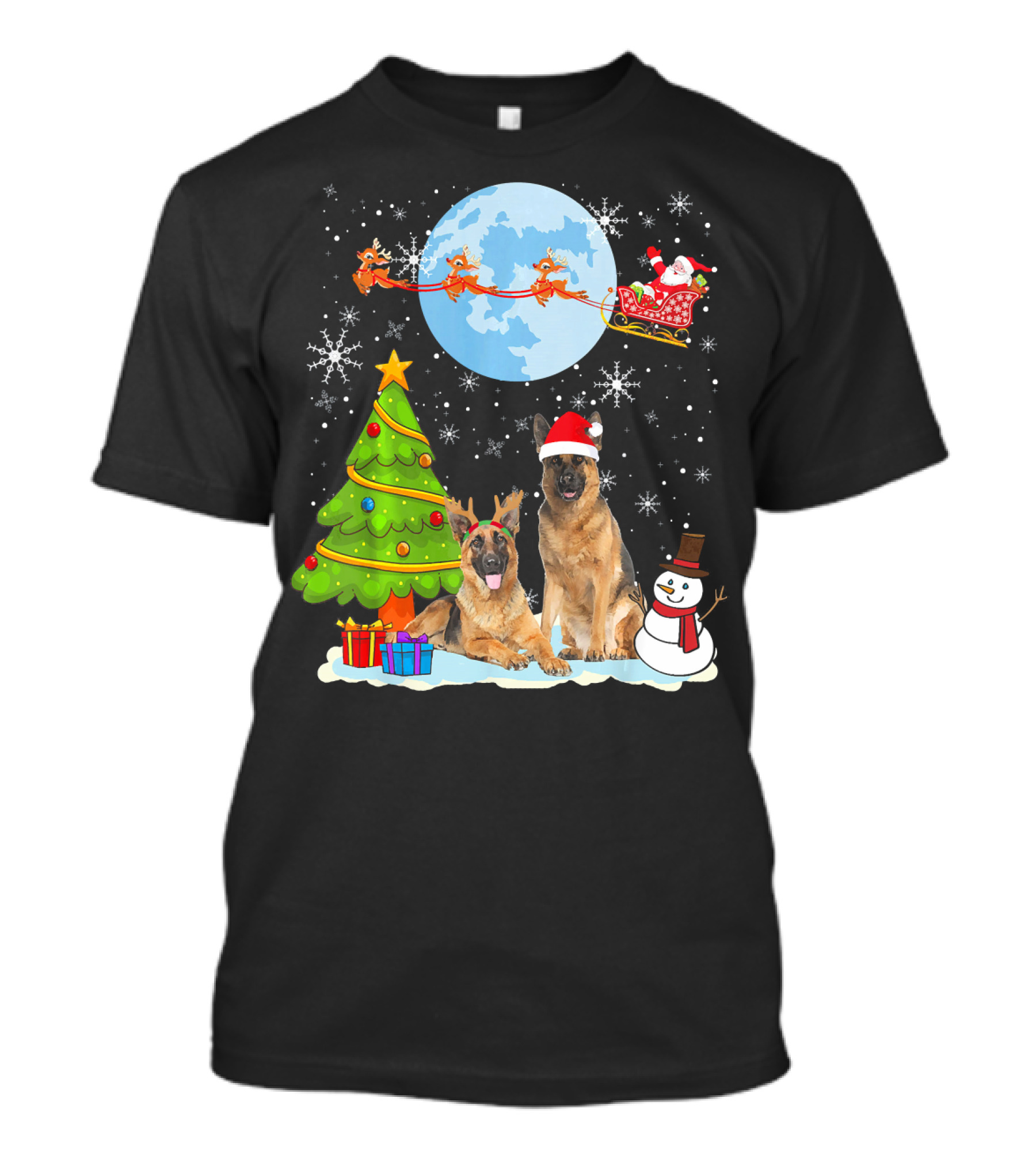 German Shepherds With Santa Hats And Christmas Moon Scene T-Shirt