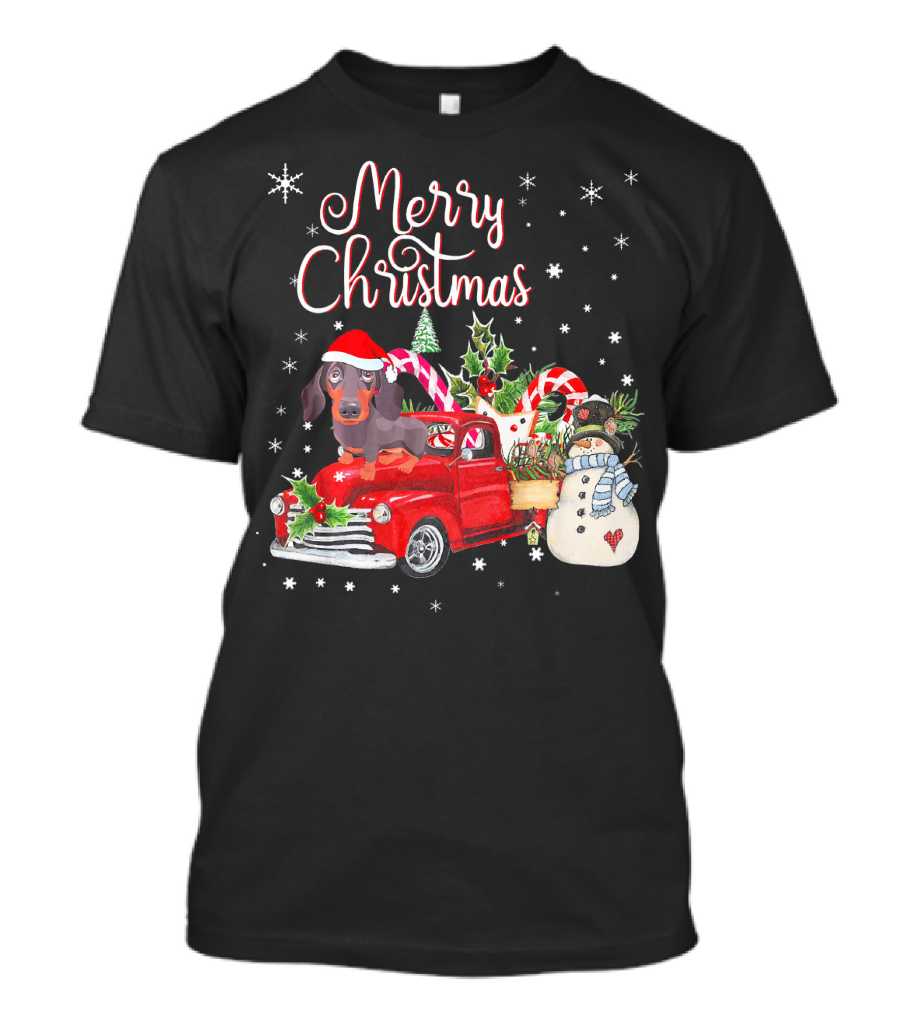 Merry Christmas Dachshund Dog Riding Red Truck With Snowman And Candy Canes T-Shirt