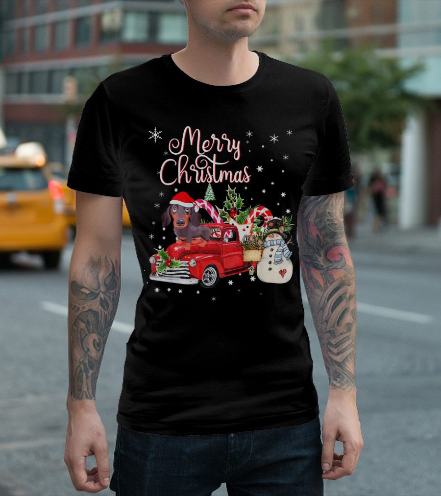 Merry Christmas Dachshund Dog Riding Red Truck With Snowman And Candy Canes T-Shirt